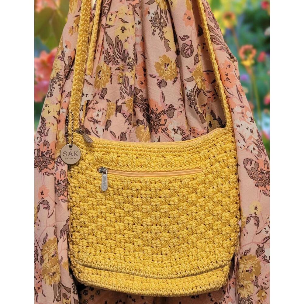 The SAK Yellow Crochet Shoulder Bag | Hand Woven | 41" Strap  | Boho Knit Bag